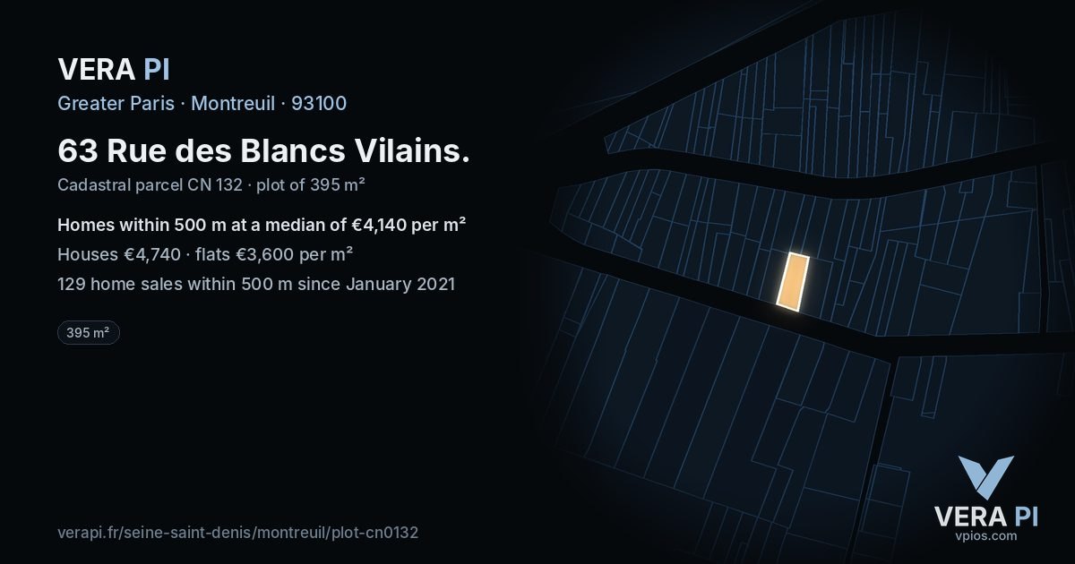 63 Rue des Blancs Vilains, Montreuil at night – the plot lit, the parcels around coloured by the prices near them