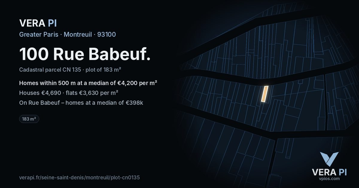 100 Rue Babeuf, Montreuil at night – the plot lit, the parcels around coloured by the prices near them