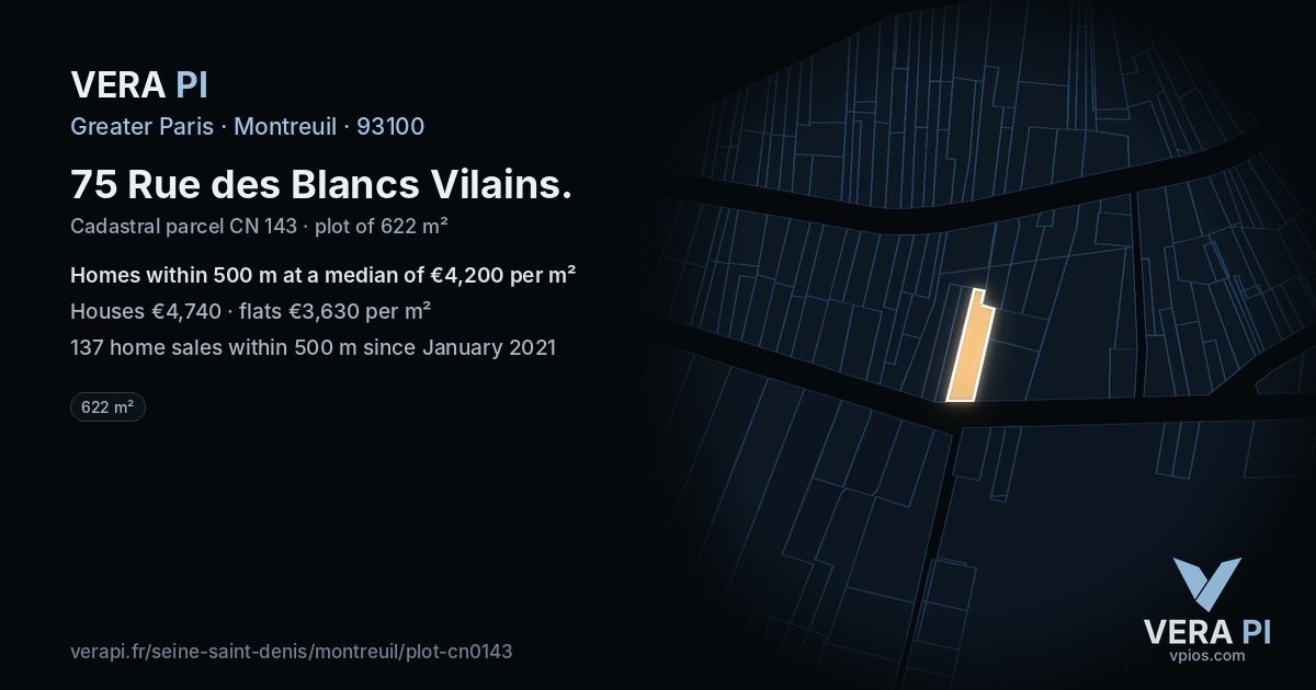 75 Rue des Blancs Vilains, Montreuil at night – the plot lit, the parcels around coloured by the prices near them