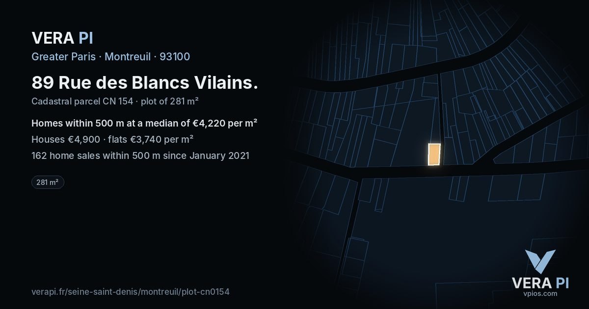 89 Rue des Blancs Vilains, Montreuil at night – the plot lit, the parcels around coloured by the prices near them