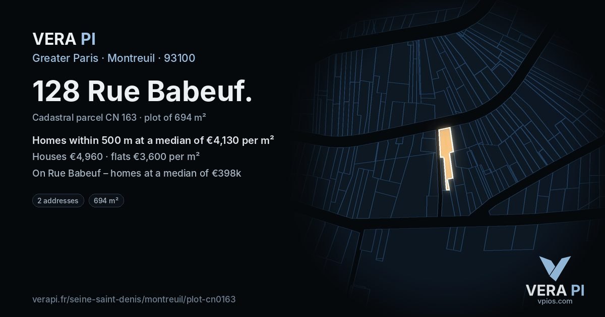 128 Rue Babeuf, Montreuil at night – the plot lit, the parcels around coloured by the prices near them