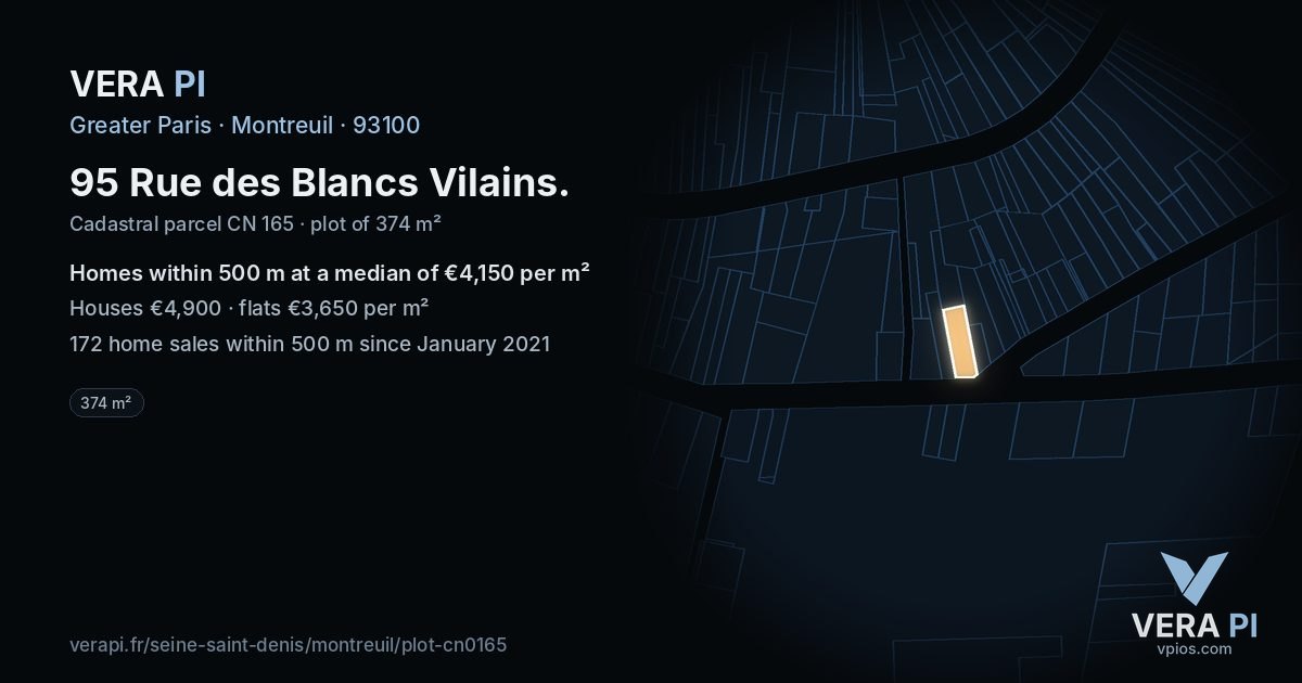 95 Rue des Blancs Vilains, Montreuil at night – the plot lit, the parcels around coloured by the prices near them