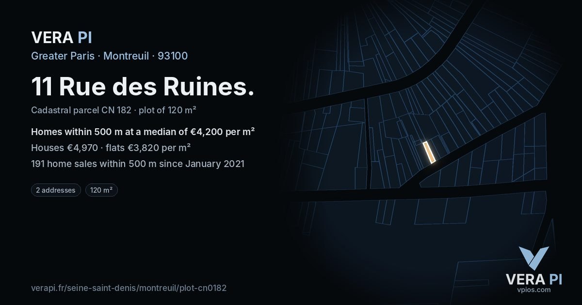 11 Rue des Ruines, Montreuil at night – the plot lit, the parcels around coloured by the prices near them
