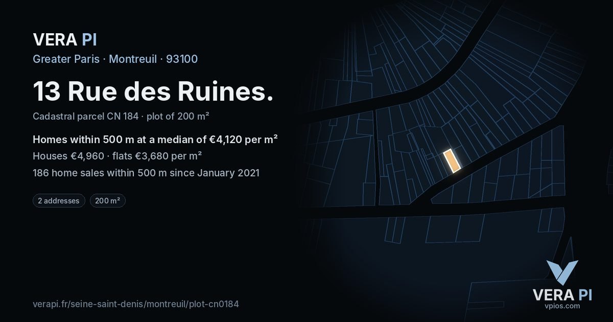 13 Rue des Ruines, Montreuil at night – the plot lit, the parcels around coloured by the prices near them