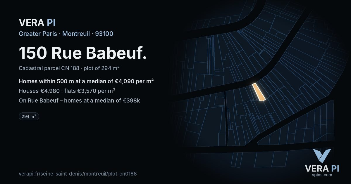 150 Rue Babeuf, Montreuil at night – the plot lit, the parcels around coloured by the prices near them