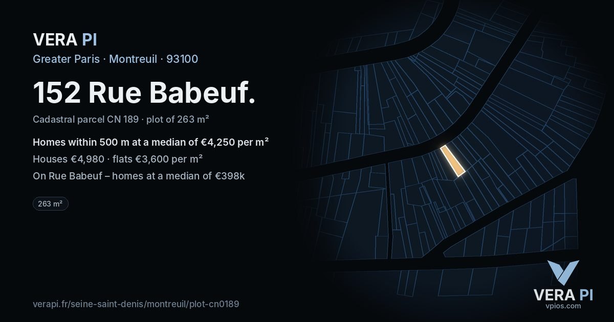 152 Rue Babeuf, Montreuil at night – the plot lit, the parcels around coloured by the prices near them