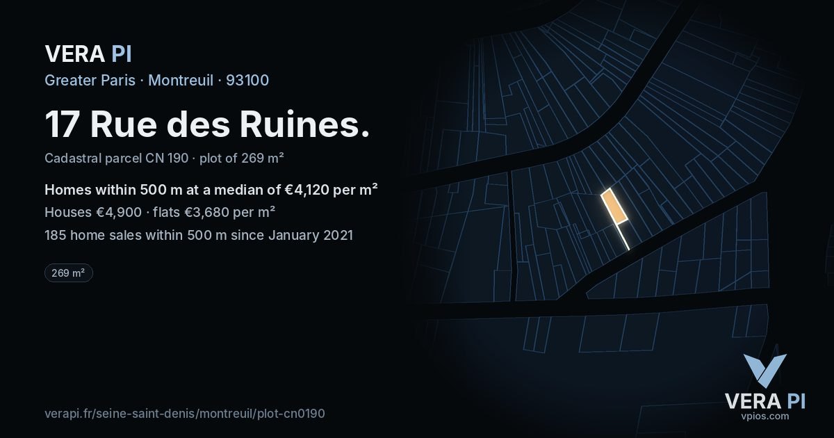 17 Rue des Ruines, Montreuil at night – the plot lit, the parcels around coloured by the prices near them