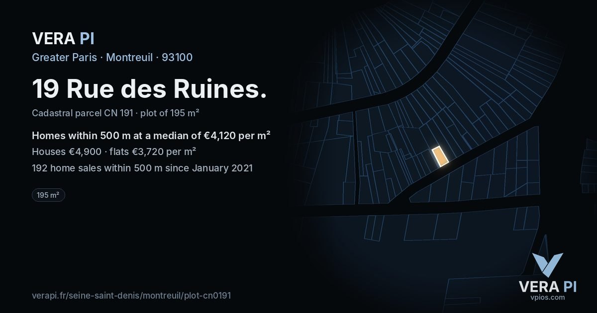 19 Rue des Ruines, Montreuil at night – the plot lit, the parcels around coloured by the prices near them
