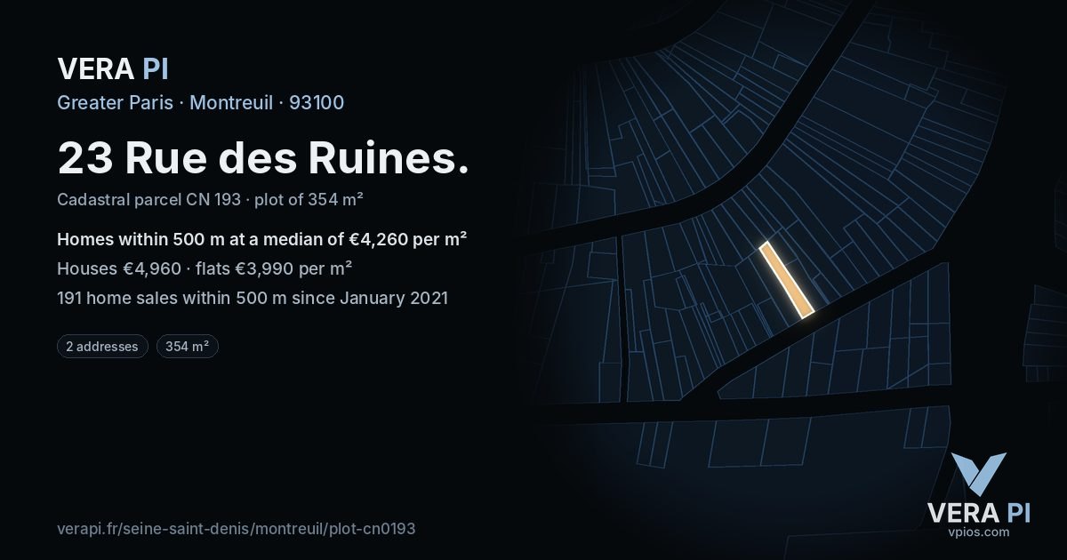 23 Rue des Ruines, Montreuil at night – the plot lit, the parcels around coloured by the prices near them