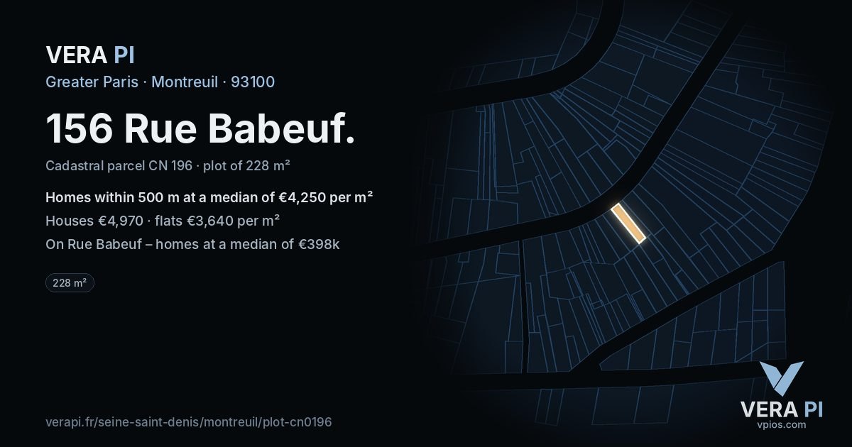 156 Rue Babeuf, Montreuil at night – the plot lit, the parcels around coloured by the prices near them