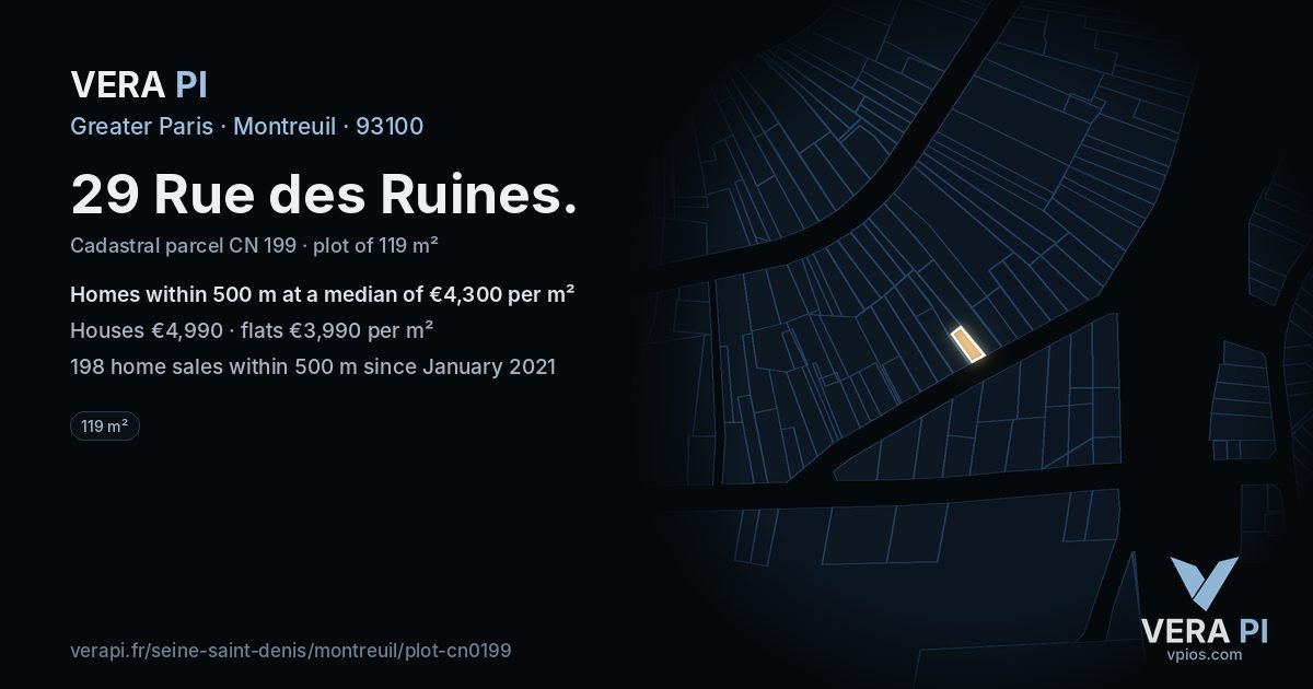 29 Rue des Ruines, Montreuil at night – the plot lit, the parcels around coloured by the prices near them