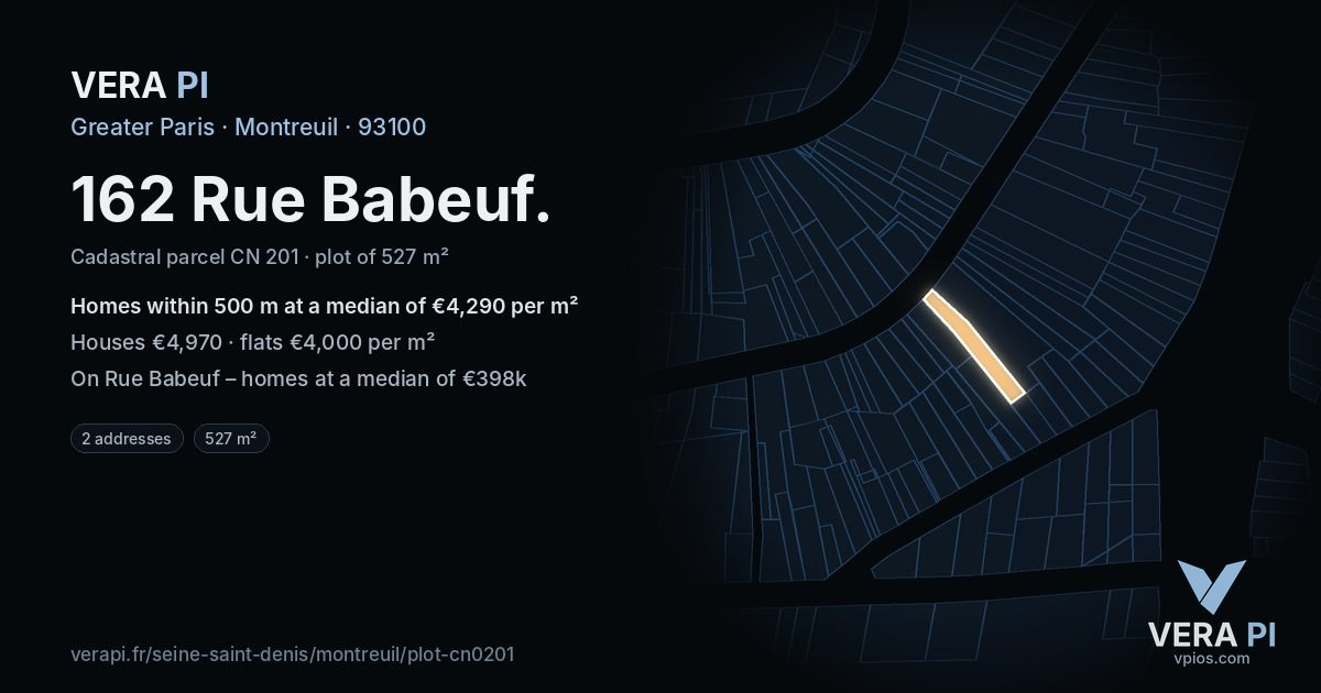 162 Rue Babeuf, Montreuil at night – the plot lit, the parcels around coloured by the prices near them