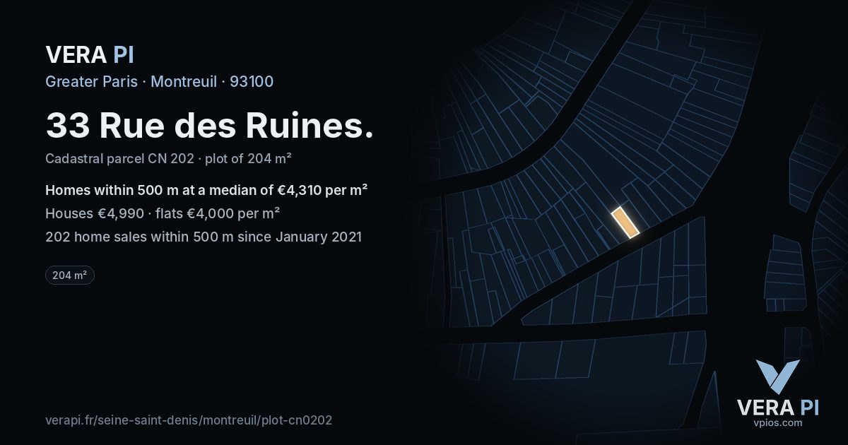 33 Rue des Ruines, Montreuil at night – the plot lit, the parcels around coloured by the prices near them