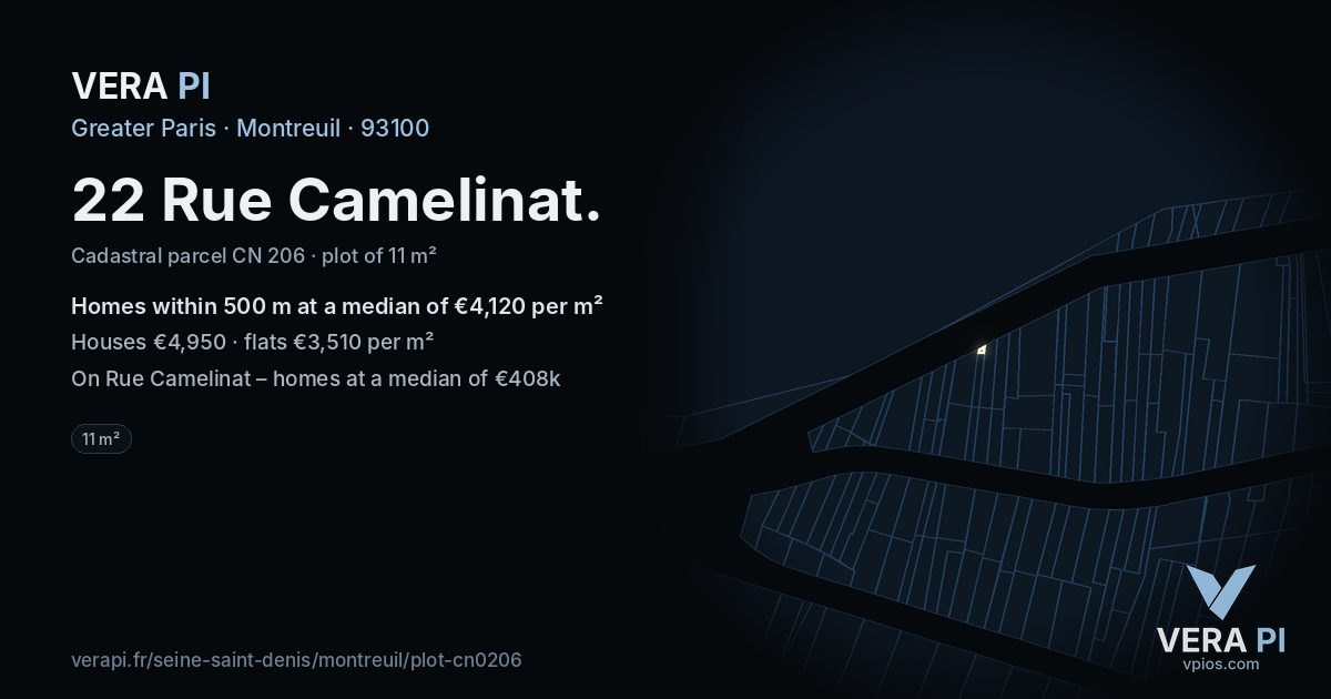 22 Rue Camelinat, Montreuil at night – the plot lit, the parcels around coloured by the prices near them