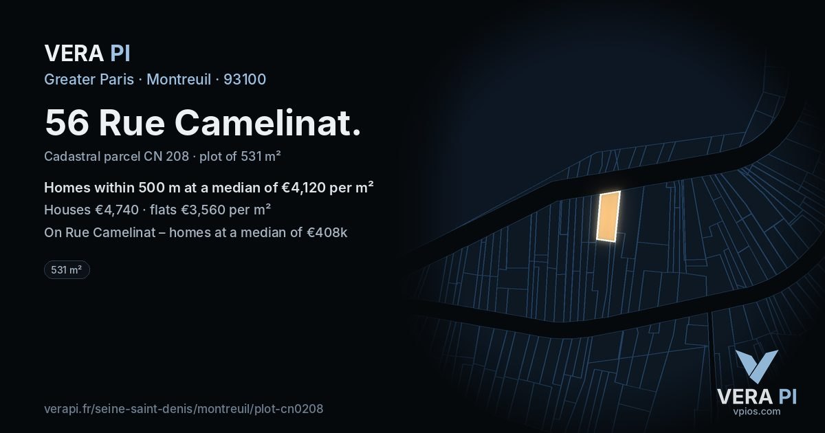 56 Rue Camelinat, Montreuil at night – the plot lit, the parcels around coloured by the prices near them