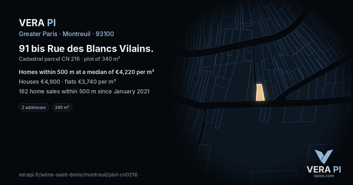 91 bis Rue des Blancs Vilains, Montreuil at night – the plot lit, the parcels around coloured by the prices near them