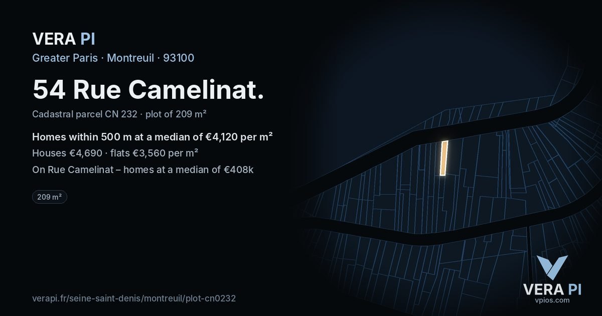 54 Rue Camelinat, Montreuil at night – the plot lit, the parcels around coloured by the prices near them