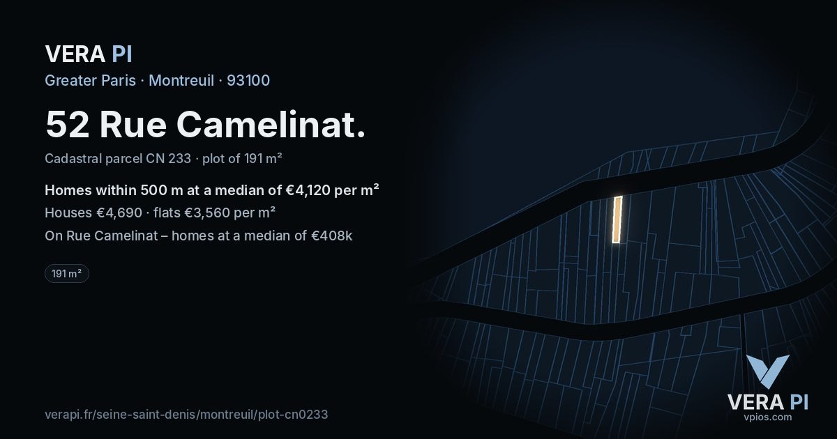 52 Rue Camelinat, Montreuil at night – the plot lit, the parcels around coloured by the prices near them