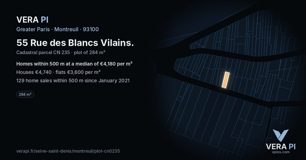 55 Rue des Blancs Vilains, Montreuil at night – the plot lit, the parcels around coloured by the prices near them