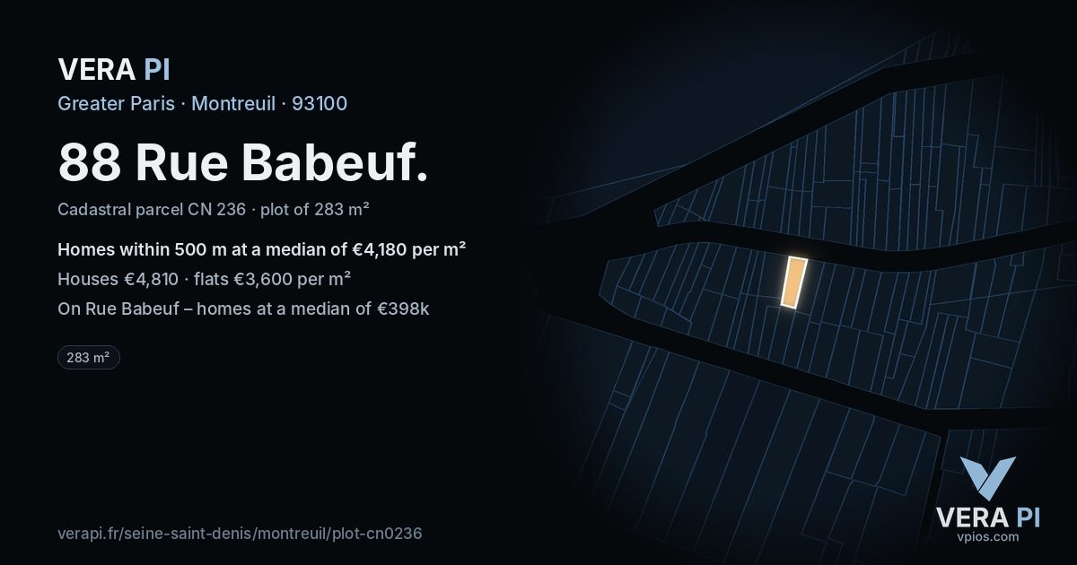 88 Rue Babeuf, Montreuil at night – the plot lit, the parcels around coloured by the prices near them