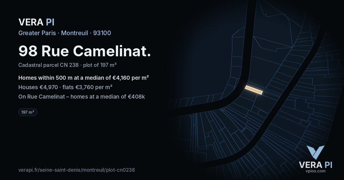 98 Rue Camelinat, Montreuil at night – the plot lit, the parcels around coloured by the prices near them