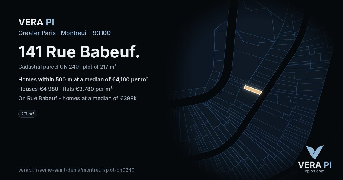 141 Rue Babeuf, Montreuil at night – the plot lit, the parcels around coloured by the prices near them