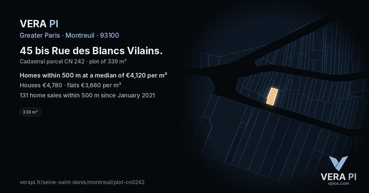 45 bis Rue des Blancs Vilains, Montreuil at night – the plot lit, the parcels around coloured by the prices near them