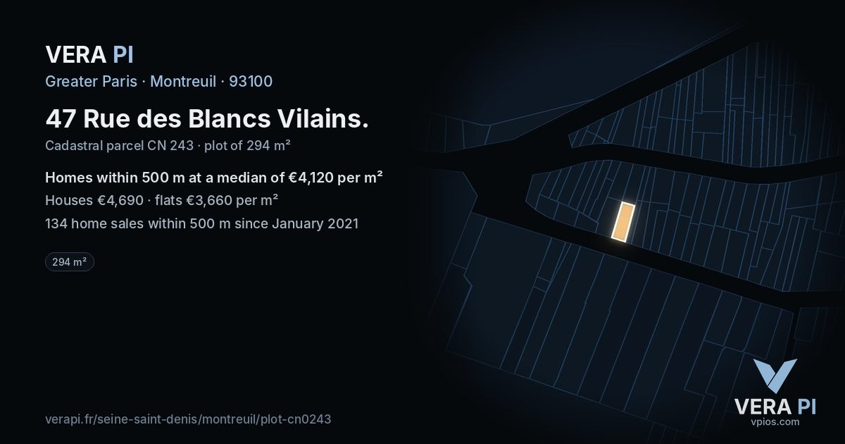 47 Rue des Blancs Vilains, Montreuil at night – the plot lit, the parcels around coloured by the prices near them