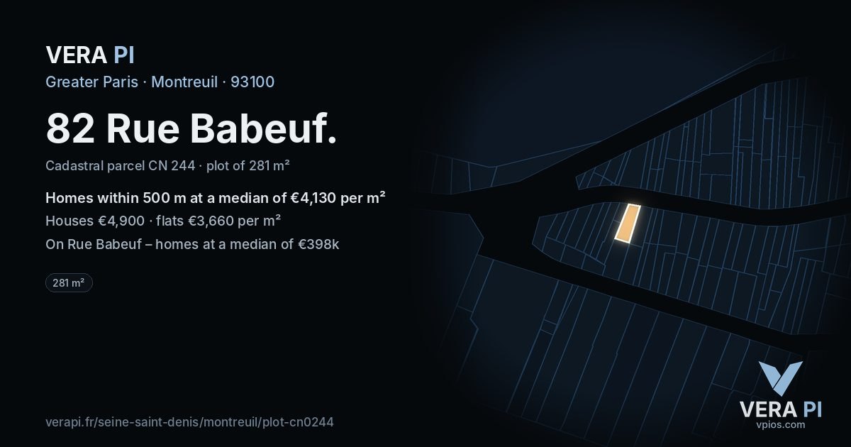 82 Rue Babeuf, Montreuil at night – the plot lit, the parcels around coloured by the prices near them