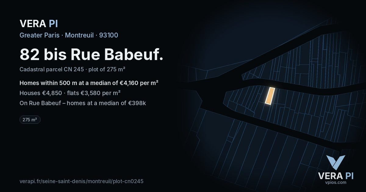 82 bis Rue Babeuf, Montreuil at night – the plot lit, the parcels around coloured by the prices near them