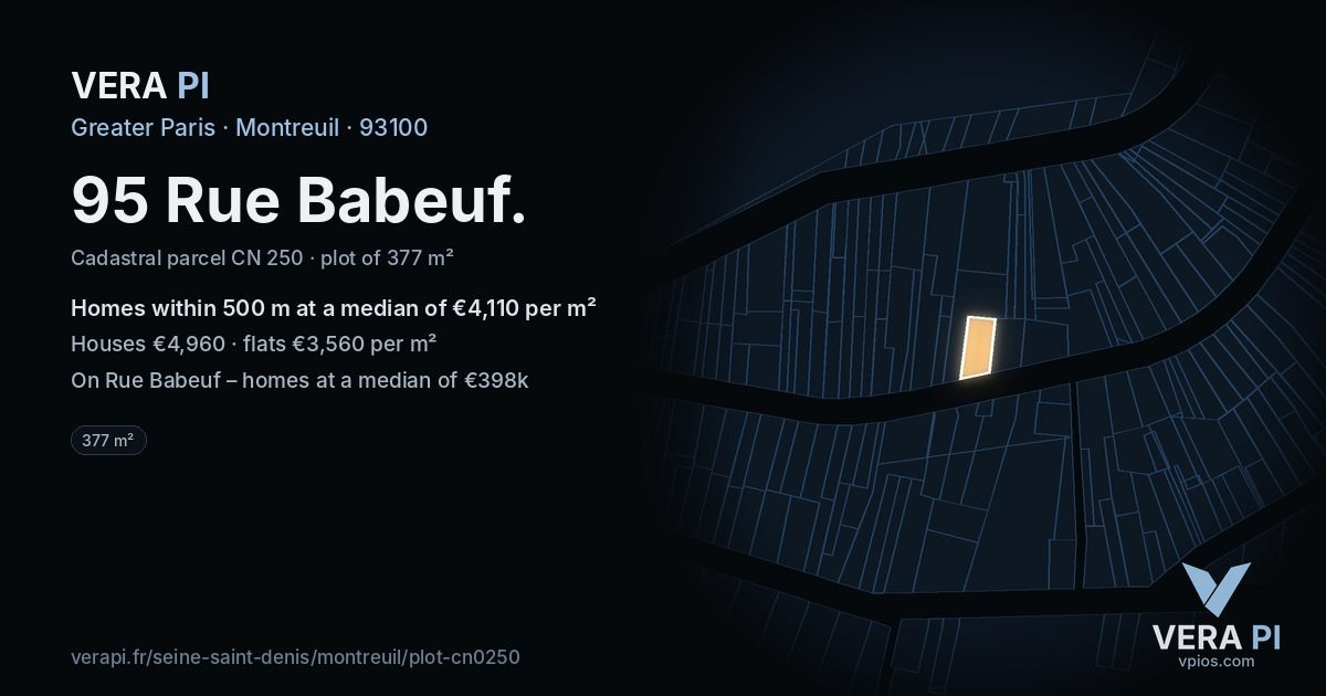 95 Rue Babeuf, Montreuil at night – the plot lit, the parcels around coloured by the prices near them