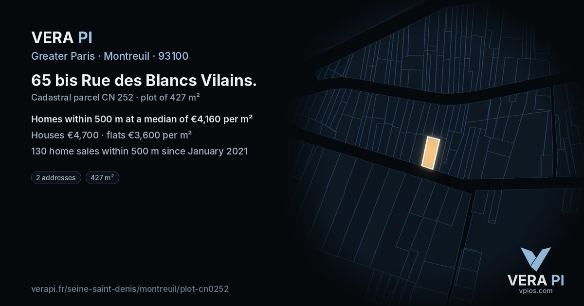 65 bis Rue des Blancs Vilains, Montreuil at night – the plot lit, the parcels around coloured by the prices near them