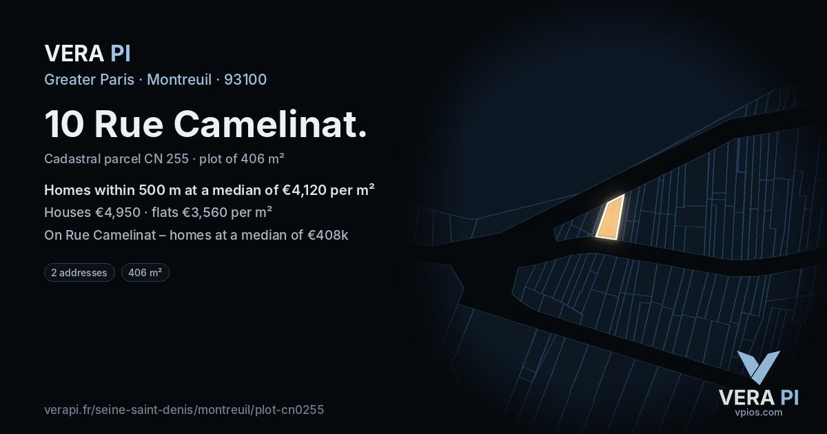 10 Rue Camelinat, Montreuil at night – the plot lit, the parcels around coloured by the prices near them