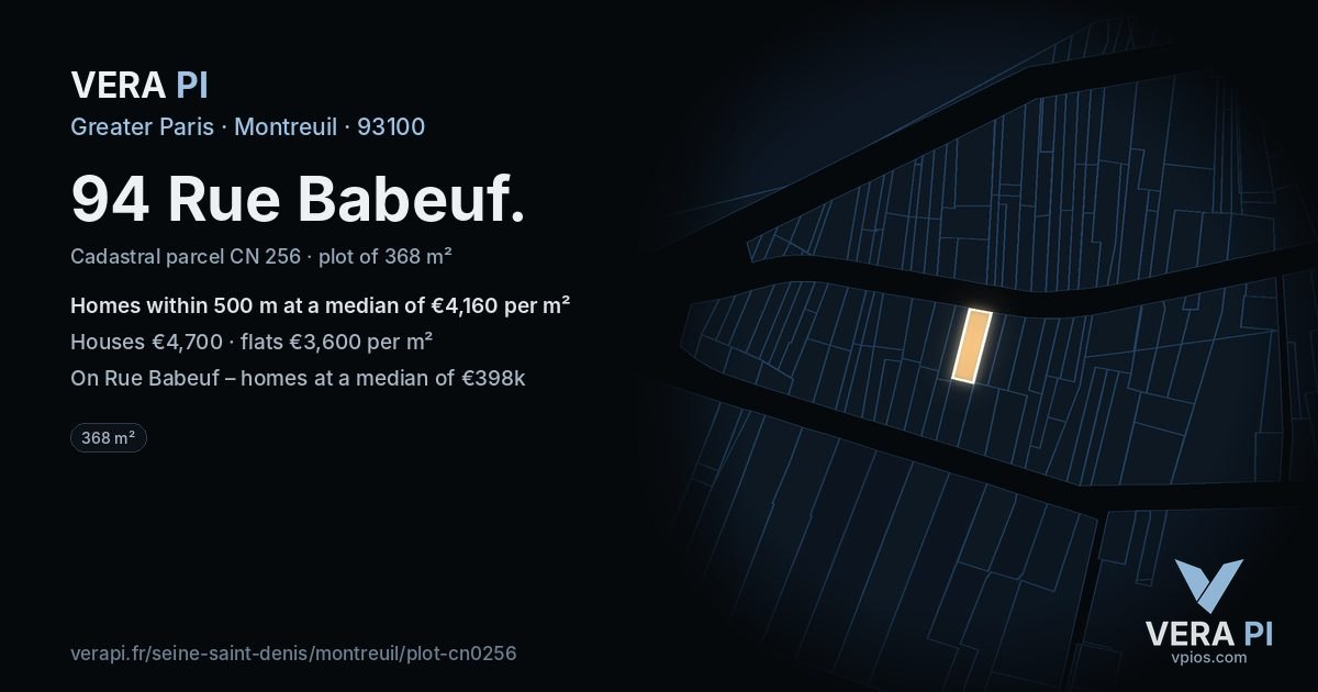 94 Rue Babeuf, Montreuil at night – the plot lit, the parcels around coloured by the prices near them