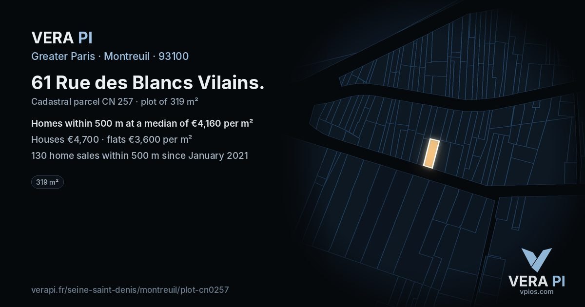 61 Rue des Blancs Vilains, Montreuil at night – the plot lit, the parcels around coloured by the prices near them