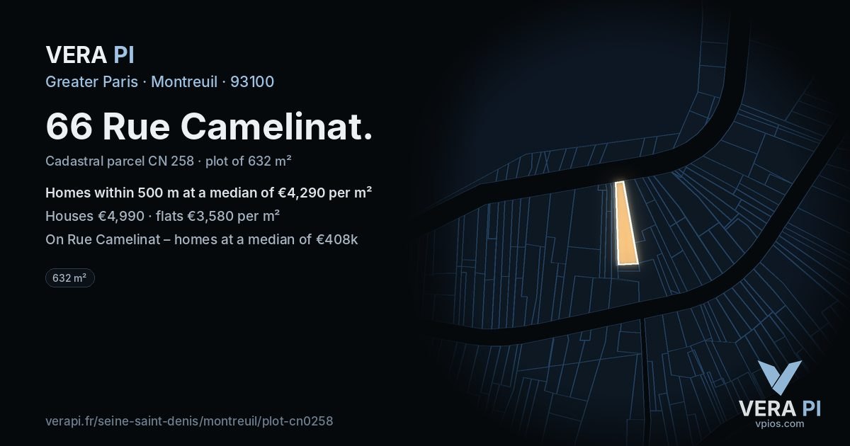 66 Rue Camelinat, Montreuil at night – the plot lit, the parcels around coloured by the prices near them