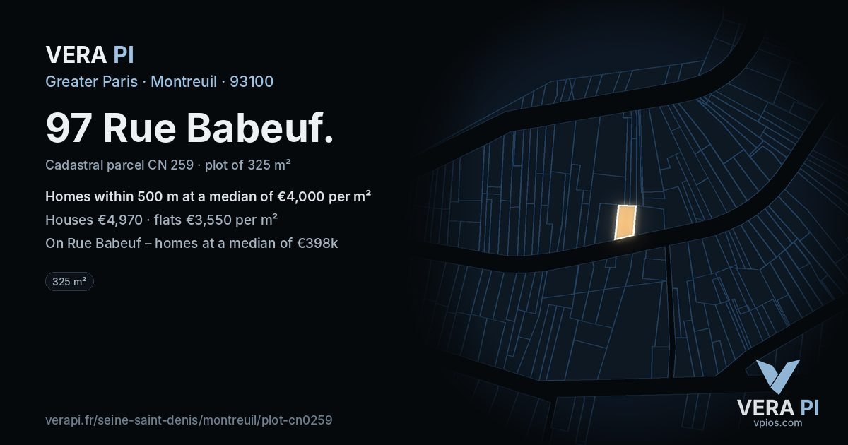 97 Rue Babeuf, Montreuil at night – the plot lit, the parcels around coloured by the prices near them