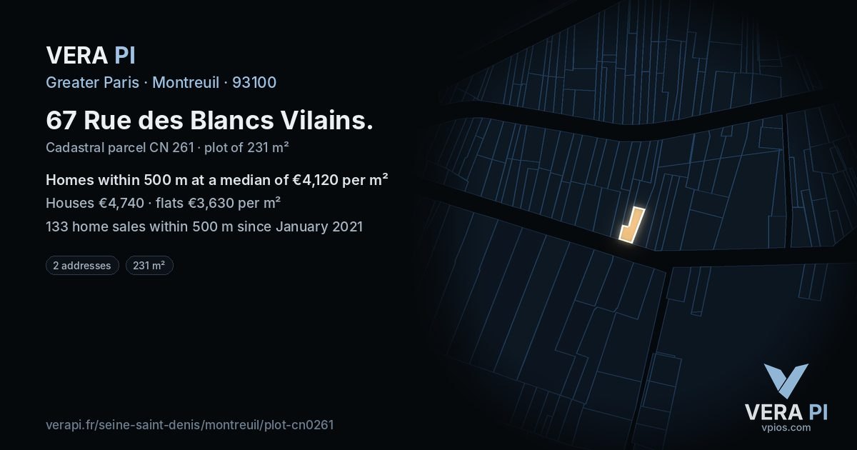 67 Rue des Blancs Vilains, Montreuil at night – the plot lit, the parcels around coloured by the prices near them
