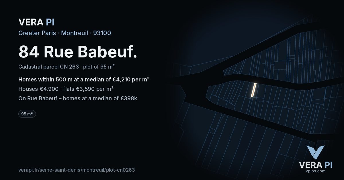 84 Rue Babeuf, Montreuil at night – the plot lit, the parcels around coloured by the prices near them