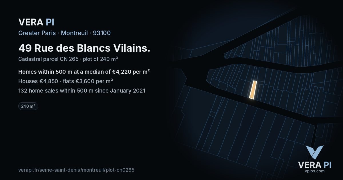 49 Rue des Blancs Vilains, Montreuil at night – the plot lit, the parcels around coloured by the prices near them