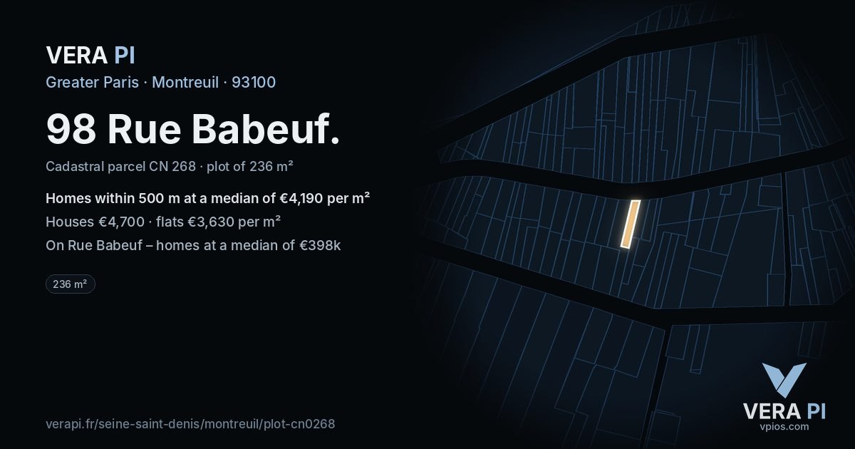 98 Rue Babeuf, Montreuil at night – the plot lit, the parcels around coloured by the prices near them