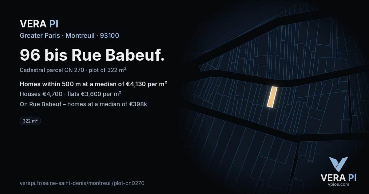 96 bis Rue Babeuf, Montreuil at night – the plot lit, the parcels around coloured by the prices near them