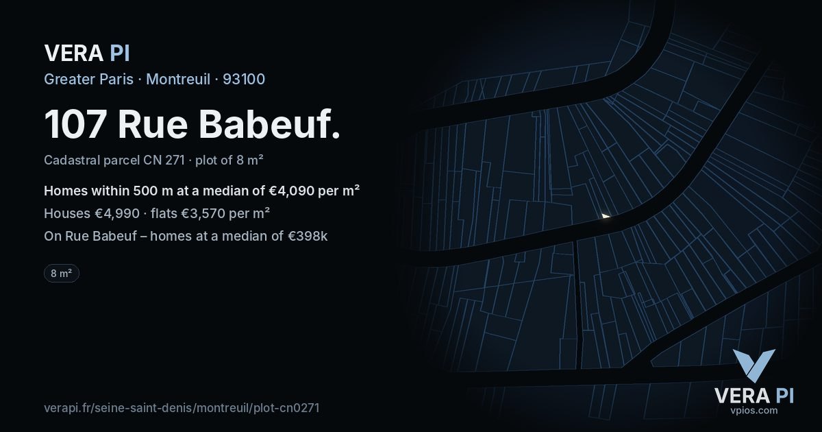 107 Rue Babeuf, Montreuil at night – the plot lit, the parcels around coloured by the prices near them