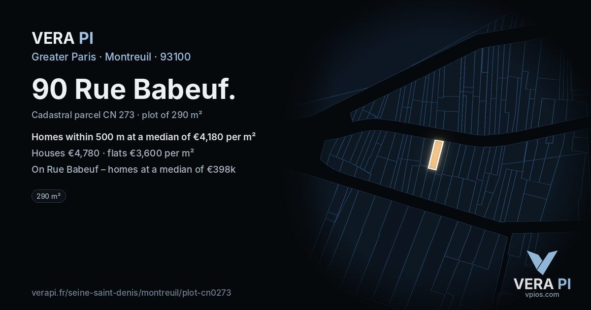 90 Rue Babeuf, Montreuil at night – the plot lit, the parcels around coloured by the prices near them