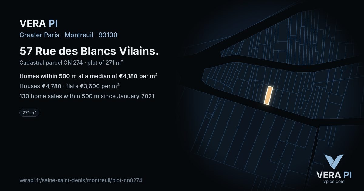 57 Rue des Blancs Vilains, Montreuil at night – the plot lit, the parcels around coloured by the prices near them