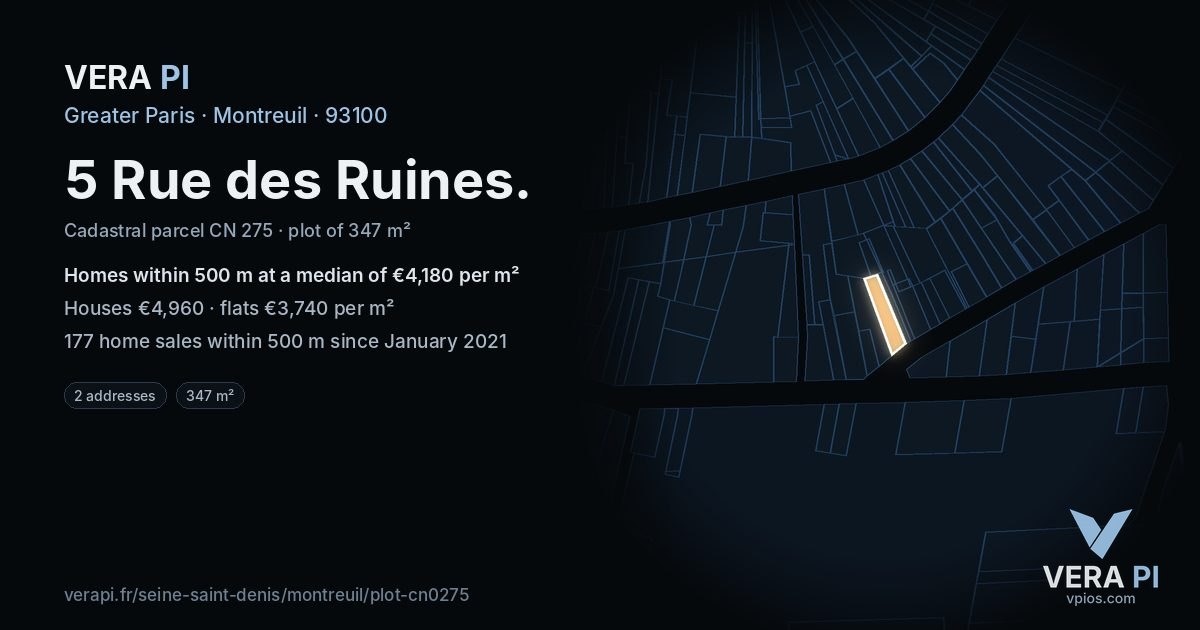 5 Rue des Ruines, Montreuil at night – the plot lit, the parcels around coloured by the prices near them