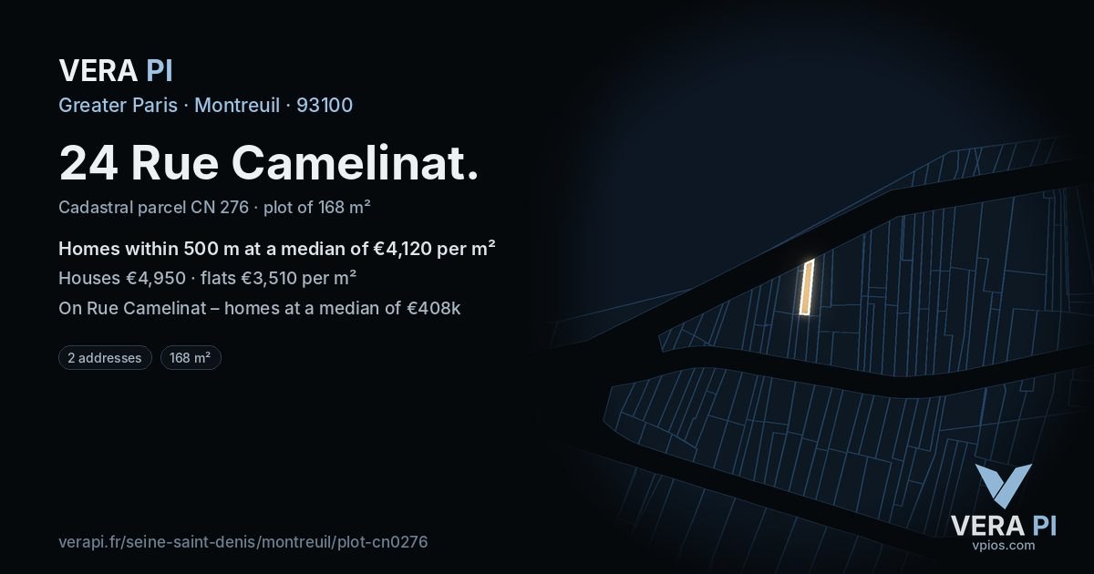 24 Rue Camelinat, Montreuil at night – the plot lit, the parcels around coloured by the prices near them