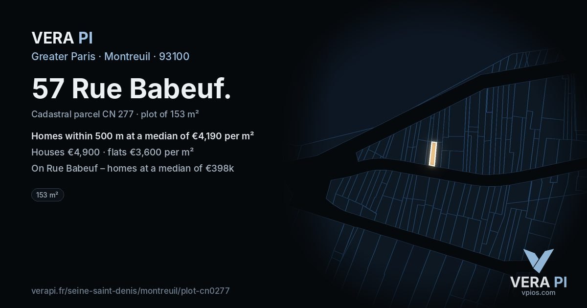 57 Rue Babeuf, Montreuil at night – the plot lit, the parcels around coloured by the prices near them
