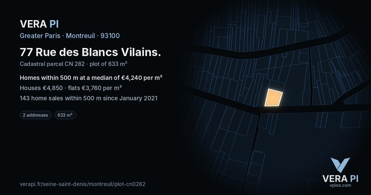 77 Rue des Blancs Vilains, Montreuil at night – the plot lit, the parcels around coloured by the prices near them