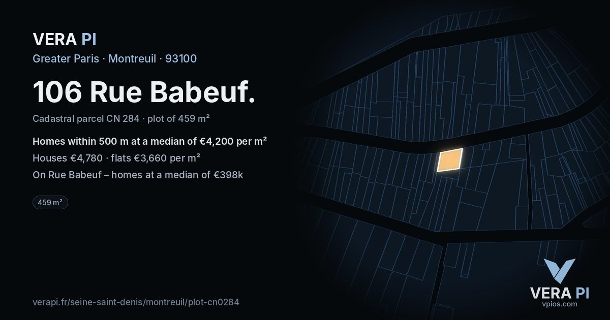 106 Rue Babeuf, Montreuil at night – the plot lit, the parcels around coloured by the prices near them
